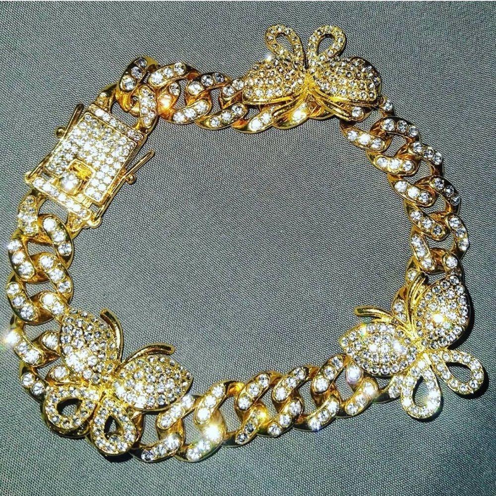 Gold Crystal Butterfly Cuban Link Bracelet - Women Jewelry